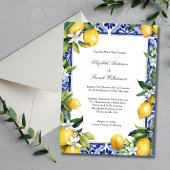 Blue Yellow Lemon Mediterranean Tile Wedding 招待状