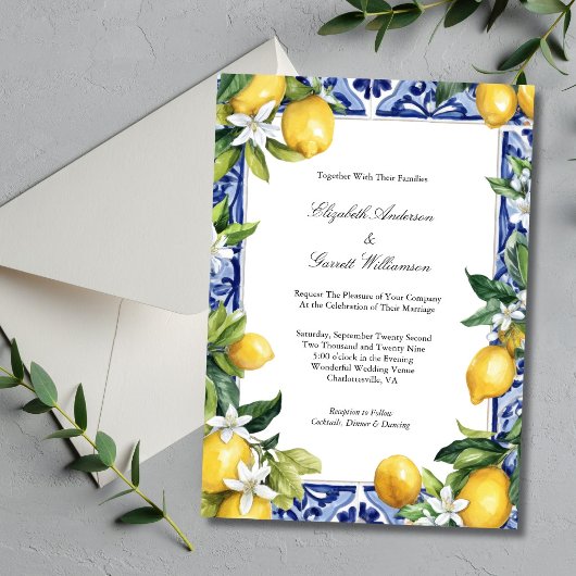 Blue Yellow Lemon Mediterranean Tile Wedding 招待状