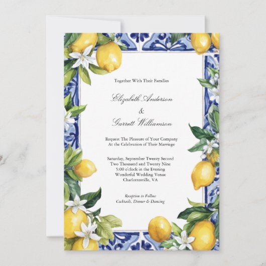 Blue Yellow Lemon Mediterranean Tile Wedding 招待状 (正面)