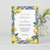 Blue Yellow Lemon Mediterranean Tile Wedding 招待状 (スタンド正面)