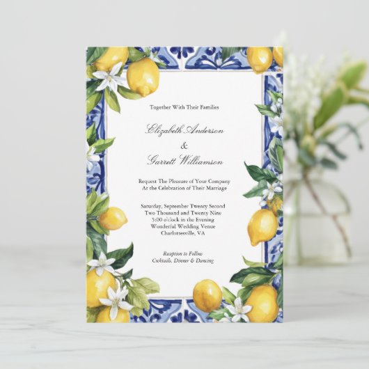 Blue Yellow Lemon Mediterranean Tile Wedding 招待状 (スタンド正面)