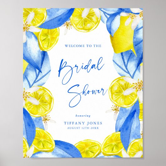 Blue Yellow Lemons Bridal Shower Welcome Sign ポスター (正面)