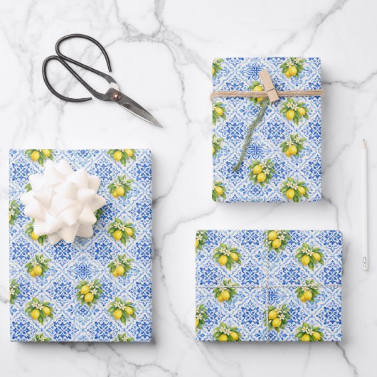 Blue Yellow Mediterranean Tile Lemons Italian ラッピングペーパーシート (正面)