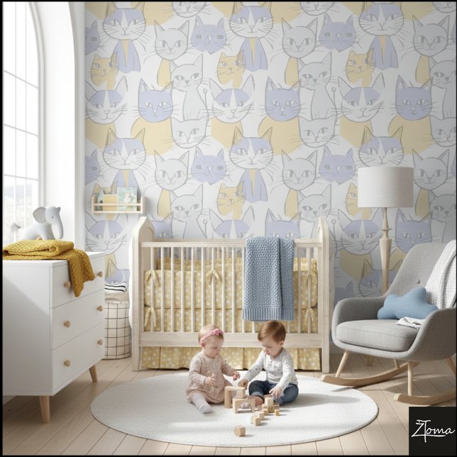 Blue Yellow Mid-Century Abstract Cat Pattern 壁紙 (クリエイターアップロード済み)