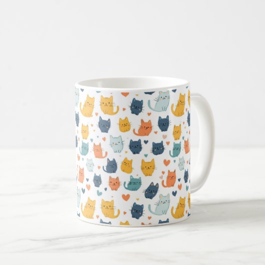 Blue Yellow Orange Kawaii Cat Pattern Cat Lover コーヒーマグカップ (正面右)