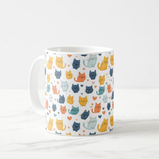 Blue Yellow Orange Kawaii Cat Pattern Cat Lover コーヒーマグカップ (正面左)