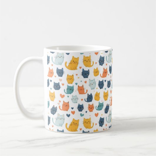 Blue Yellow Orange Kawaii Cat Pattern Cat Lover コーヒーマグカップ (左)