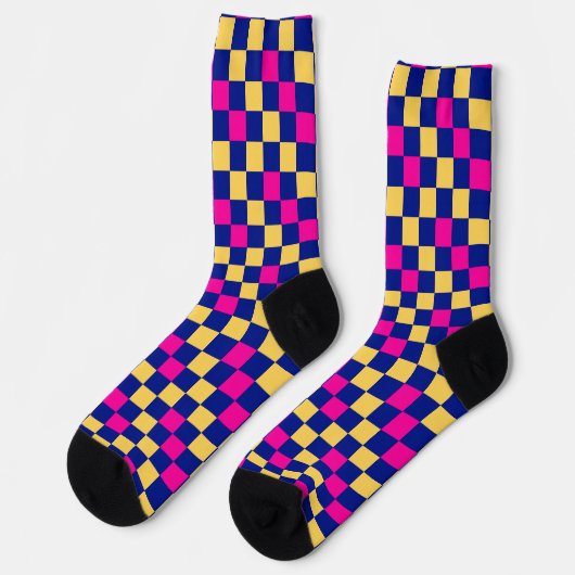 Blue Yellow Pink Checkered Pattern Design  ソックス (左)