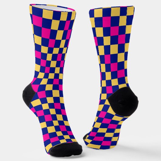 Blue Yellow Pink Checkered Pattern Design  ソックス (傾斜あり)