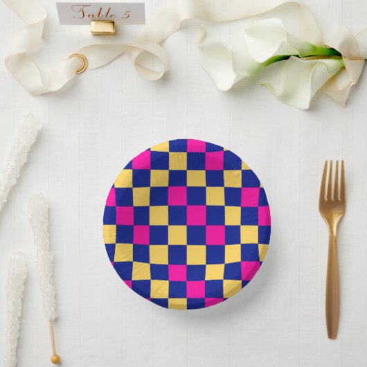 Blue Yellow Pink Checkered Pattern Design  ペーパーボウル (ウェディング)