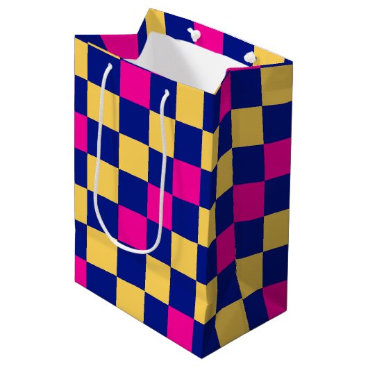Blue Yellow Pink Checkered Pattern Design  ミディアムペーパーバッグ (正面アングル)