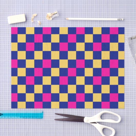 Blue Yellow Pink Checkered Pattern Design  薄葉紙 (クラフト)