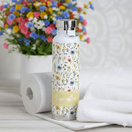 Blue Yellow Pink Floral Name Monogram Wildflower ウォーターボトル