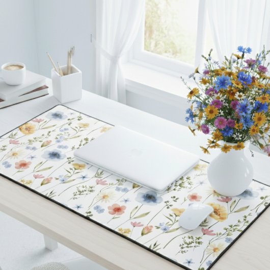 Blue Yellow Pink Floral Wildflower Desk Mat デスクマット