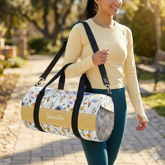 Blue Yellow Pink Watercolor Wildflower Monogram ダッフルバッグ