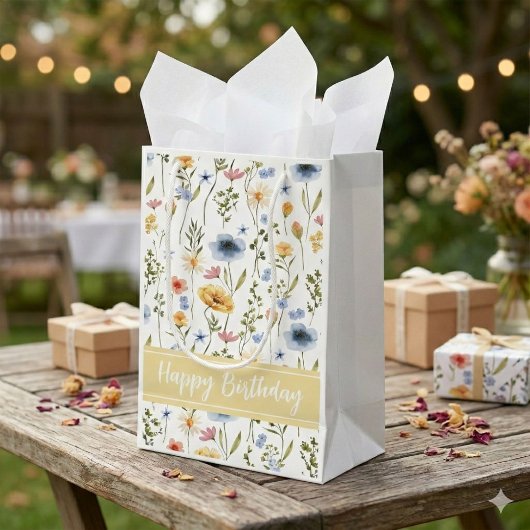 Blue Yellow Pink Watercolor Wildflower Name スモールペーパーバッグ