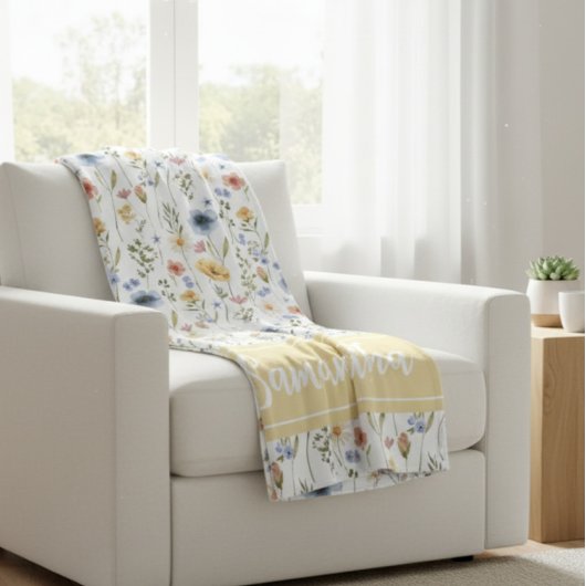 Blue Yellow Pink Watercolor Wildflower Name フリースブランケット