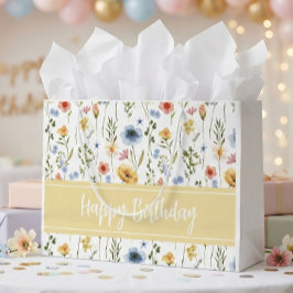 Blue Yellow Pink Watercolor Wildflower Name ラージペーパーバッグ