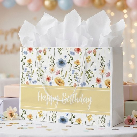 Blue Yellow Pink Watercolor Wildflower Name ラージペーパーバッグ