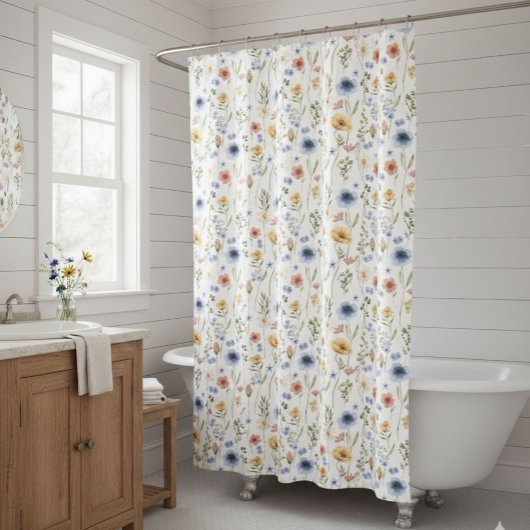 Blue Yellow Pink Wildflower Watercolor シャワーカーテン