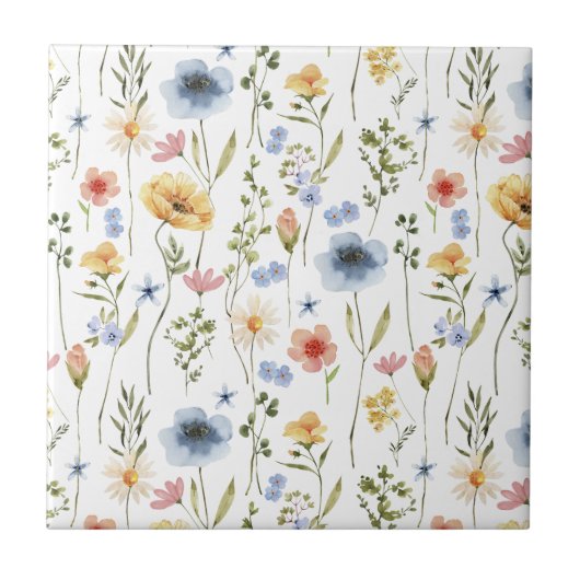 Blue Yellow Pink Wildflower Watercolor タイル (正面)