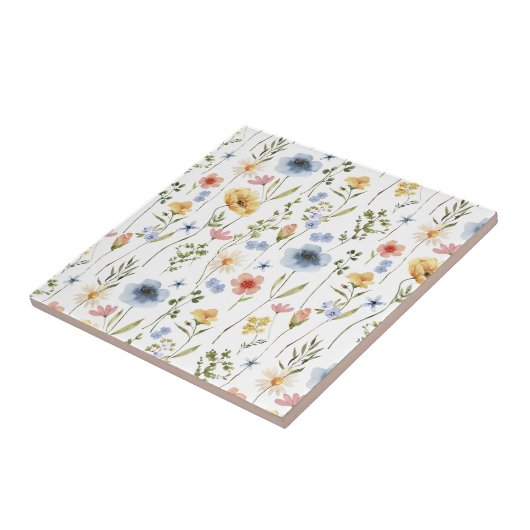 Blue Yellow Pink Wildflower Watercolor タイル (側面)