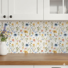 Blue Yellow Pink Wildflower Watercolor タイル