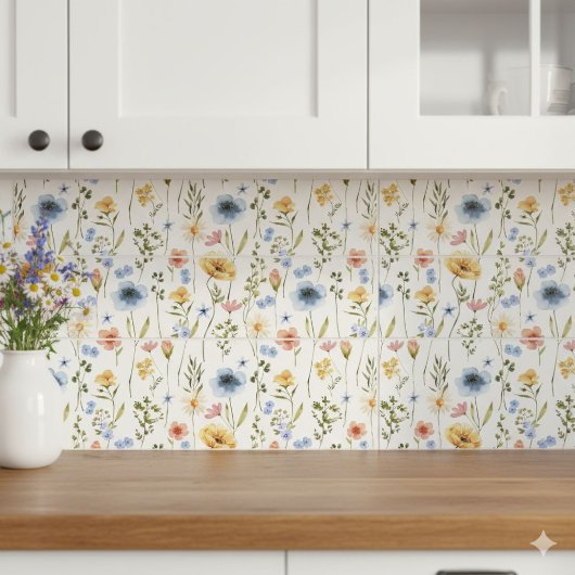 Blue Yellow Pink Wildflower Watercolor タイル