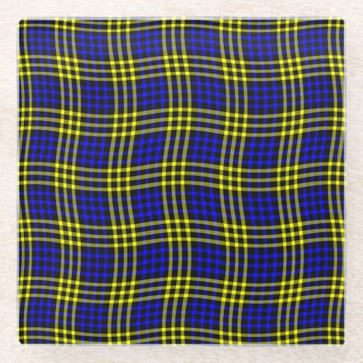 Blue Yellow Plaid Checker Seamless Pattern ガラスコースター (正面)