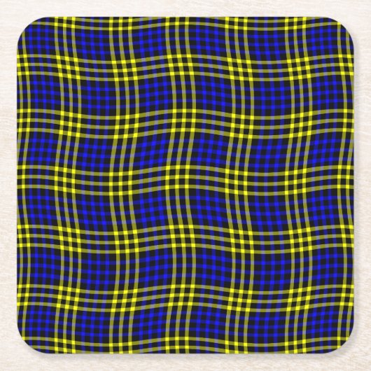 Blue Yellow Plaid Checker Seamless Pattern スクエアペーパーコースター (正面)