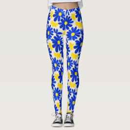 Blue & Yellow Retro Daisy Print Leggings レギンス