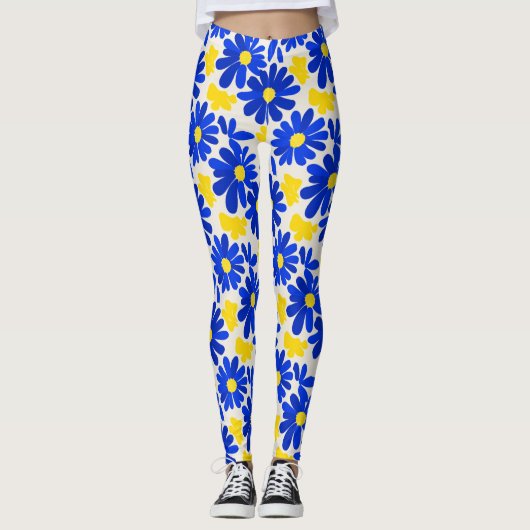 Blue & Yellow Retro Daisy Print Leggings レギンス (正面)