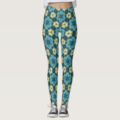 Blue & Yellow Retro Floral Pattern Leggings レギンス (正面)
