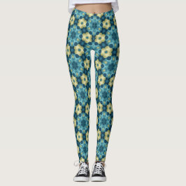 Blue & Yellow Retro Floral Pattern Leggings レギンス