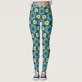 Blue & Yellow Retro Floral Pattern Leggings レギンス