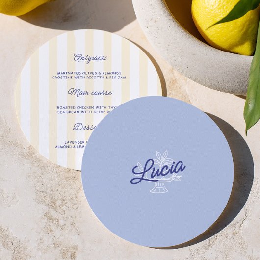 Blue & Yellow Round Wedding Place Card & Menu  招待状