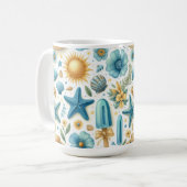 BLUE & YELLOW SUMMER SHELLS SUNS FLOWERS コーヒーマグカップ (正面左)
