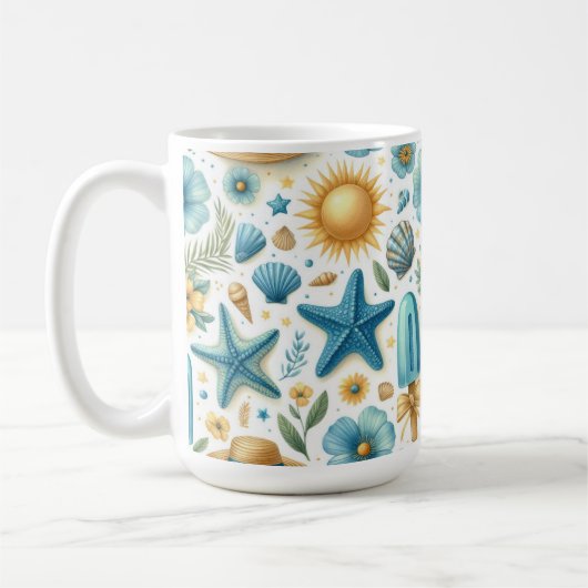 BLUE & YELLOW SUMMER SHELLS SUNS FLOWERS コーヒーマグカップ (左)