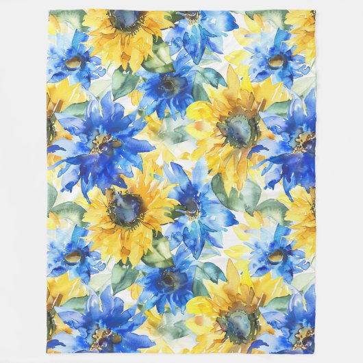 Blue Yellow Sunflowers フリースブランケット (正面)