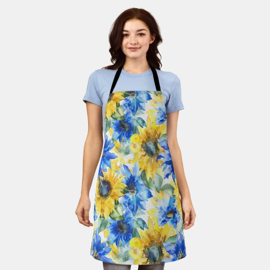 Blue Yellow Sunflowers Floral エプロン (着用した状態)