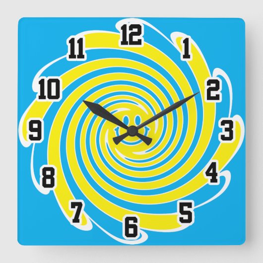 Blue & Yellow Swirl Happy Face スクエア壁時計 (正面)