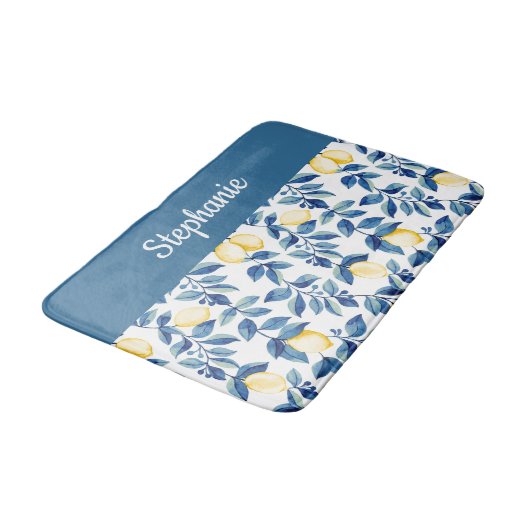 Blue Yellow Watercolor Lemon Monogram バスマット (アングル)