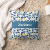 Blue Yellow Watercolor Lemon Monogram Name クッション (ブランケット)