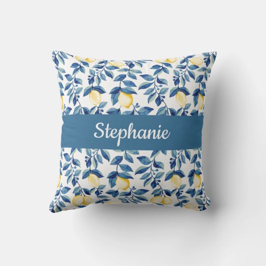 Blue Yellow Watercolor Lemon Monogram Name クッション (裏面)