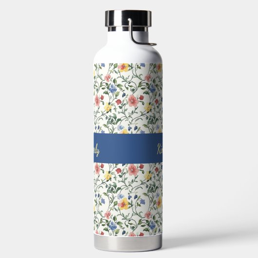 Blue Yellow Watercolor Wildflower Monogram Name ウォーターボトル (左面)