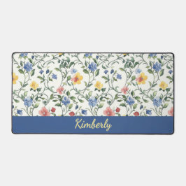 Blue Yellow Watercolor Wildflower Monogram Name デスクマット
