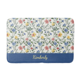 Blue Yellow Watercolor Wildflower Monogram Name バスマット