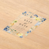Blue & Yellow Wildflowers Wedding Save The Date アクリル招待状 (レイダウン)