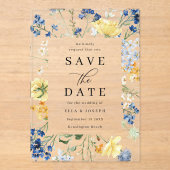 Blue & Yellow Wildflowers Wedding Save The Date アクリル招待状 (正面)