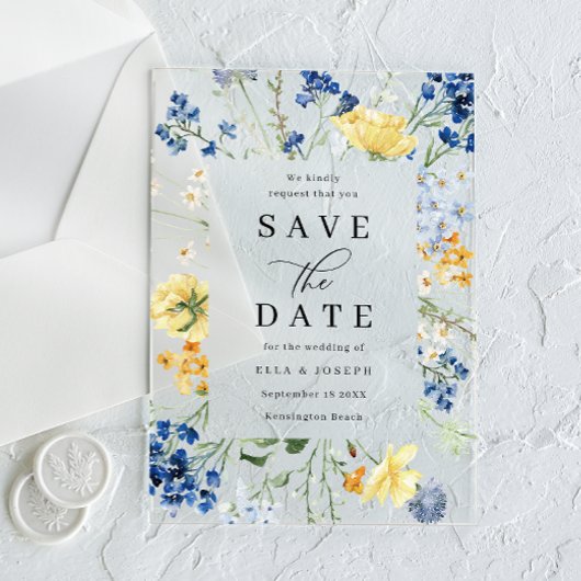 Blue & Yellow Wildflowers Wedding Save The Date アクリル招待状